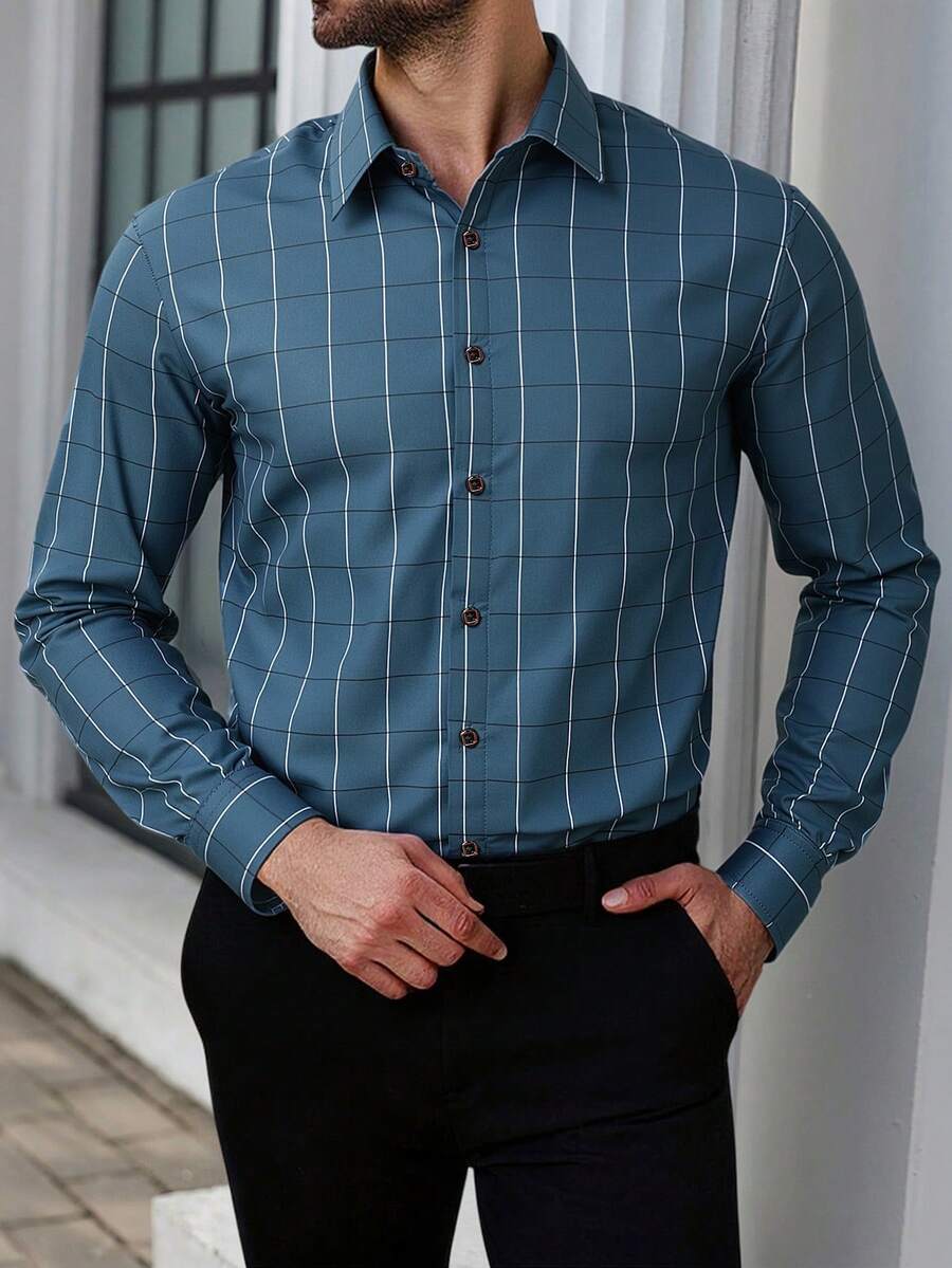 Manfinity Mode Plus Size Men's Plaid Long Sleeve Single-Breasted Casual/Business Shirt - Navy Blue - View 1