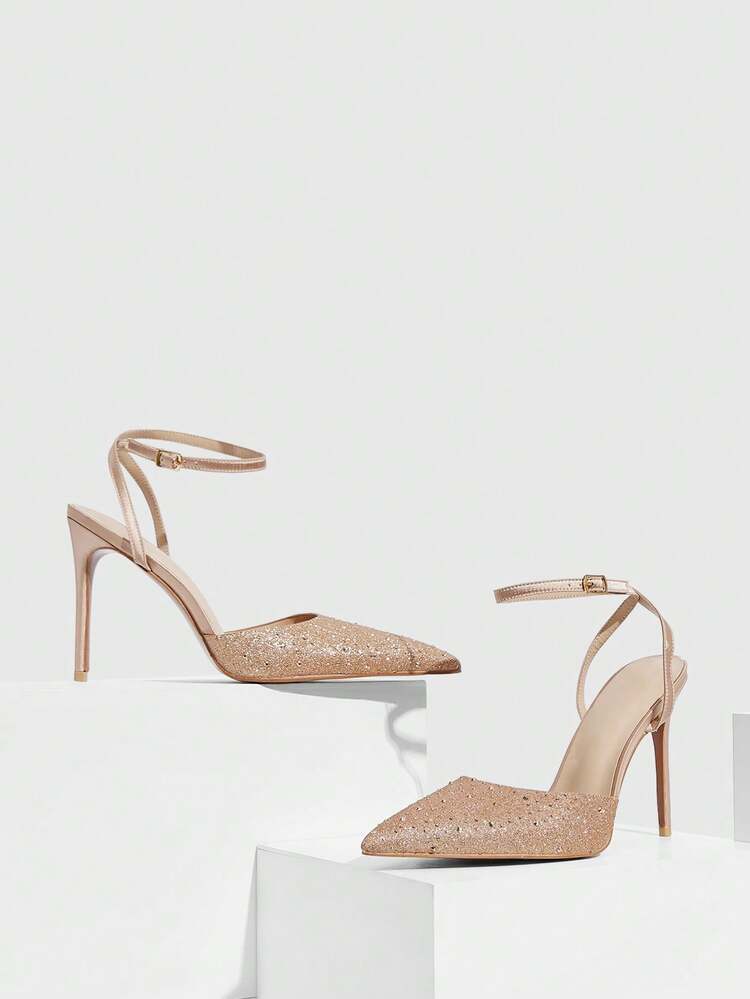 CUCCOO SZL Champagne Satin Color Block Rhinestone Embellished Pointed Toe Hollow Out Stiletto High Heel Pumps, Elegant Evening Party Fashion Sexy For Christmas