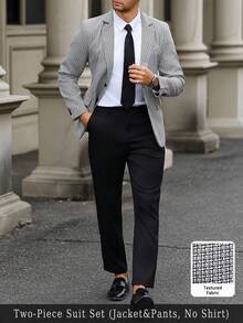 Manfinity Bizformal Men's Casual Suit Set,Black And Beige Textured Fabric Blazer & Pants,Summer Business Casual Office Outfit,Old Money Style Long Sleeve Elegant Set - Black and White - View 1