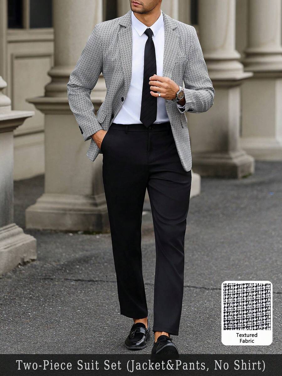 Manfinity Bizformal Men's Casual Suit Set,Black And Beige Textured Fabric Blazer & Pants,Summer Business Casual Office Outfit,Old Money Style Long Sleeve Elegant Set - Black and White - View 1