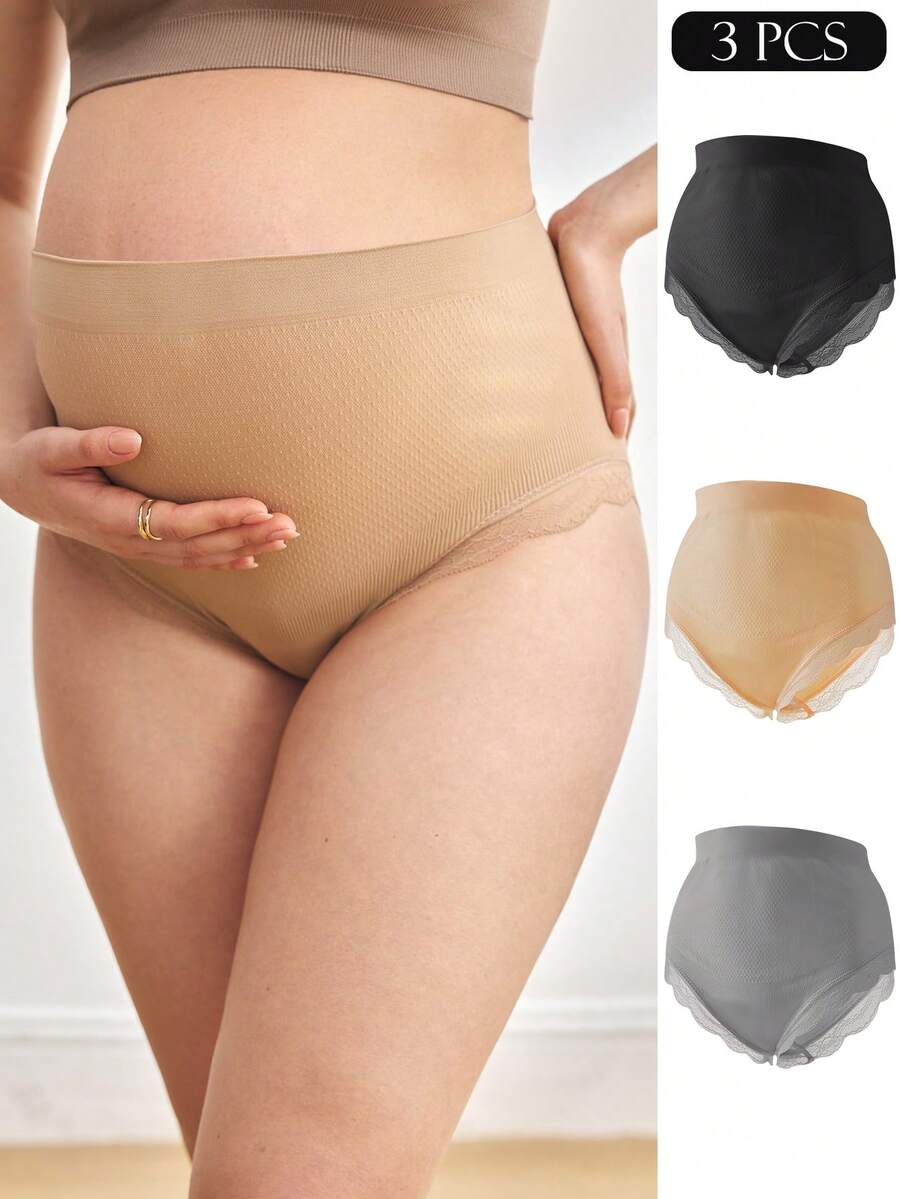 Moonlight&Mama 3件套孕妇纯色纹理蕾丝边舒适内衣套装 - 彩色 - 查看 1