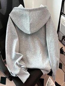 Resyla 新款刺绣马匹图案拉链休闲纯色女式连帽夹克秋季女装，街头服饰 - 灰色 - 查看 2