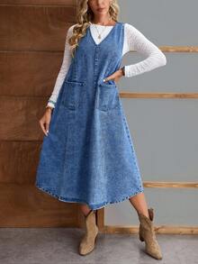 EMERY ROSE Váy liền quần denim thiết kế túi rộng thoải mái cho nữ, mùa thu - Màu xanh lam - Xem 3