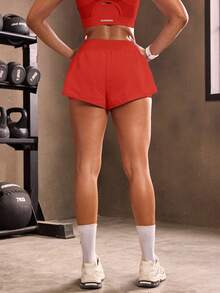 Powerista Solid Color High-Waisted Woven Athletic Shorts, Suitable For Yoga And Exercise - Burnt Orange - View 3