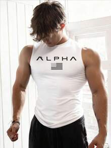 GymBeat 男士字母和美国国旗印花白色修身运动背心压缩衣 - 白色 - 查看 1