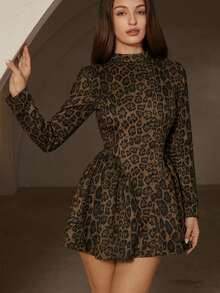 BELROSIE Sexy Y2K Backless Leopard Print Suede Ruched Long Sleeve Dress - Multicolor - View 5