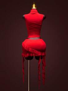 SHEIN ICON 两件套女士婚礼生日派对度假情人节黑色纯色高领无袖上衣和褶皱荷叶边半裙性感两件套 - 紅色 - 查看 2