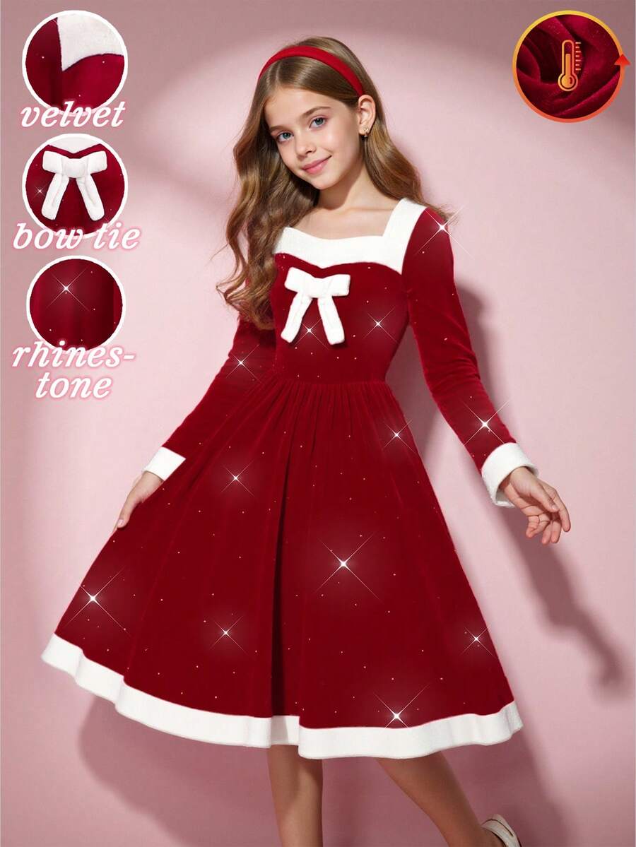 Girls Cute Christmas Dress With Long Sleeves Bow Tie Short Flared A Line Design - Red - View 1