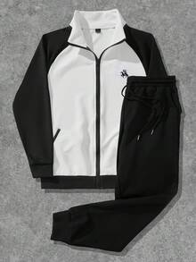 Manfinity Homme 2pcs Men's Knight Print Raglan Sleeve Zip Placket Sweatshirt And Pants Tracksuit Set,Black And White Autumn Streetwear Work Jogging Sweatsuit Set - Black and White - View 4
