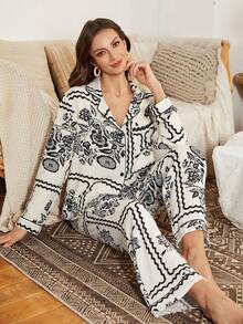 Serenescape Women's Casual Floral Print Lapel Long Sleeve Pajama Set With Pants, Black Pajama Sets For Women Long Sleeve Sleep Wear Women 2 Piece Set - Apricot - View 1