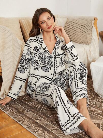 Serenescape Women's Casual Floral Print Lapel Long Sleeve Pajama Set With Pants, Black Pajama Sets For Women Long Sleeve Sleep Wear Women 2 Piece Set