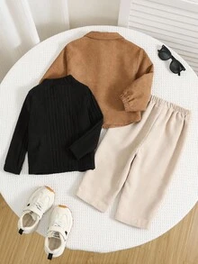 三件套包括：黑色T恤、休闲可爱灯芯绒外套、黑色高领T恤、松紧腰休闲裤、针织长袖上衣 - 彩色 - 查看 2