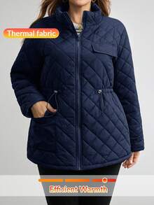 Comfylo Áo khoác mùa đông thường ngày cỡ lớn màu trơn tay dài có khóa kéo phía trước, dây rút ở eo dành cho nữ - Màu xanh hải quân - Xem 3