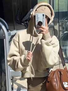 SHEIN x Carly Lawrence INAWLY Kangaroo Pocket Hoodie With Drop Shoulder Design,Long Sleeve Tops