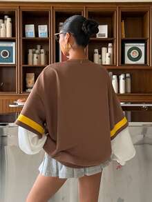 Muchica Women's Fashion New Brown Letter Print 2 In 1 Loose Sweatshirt For Going Out Outfits, Back To School, Streetwear, Y2K Clothes - Brown - View 2