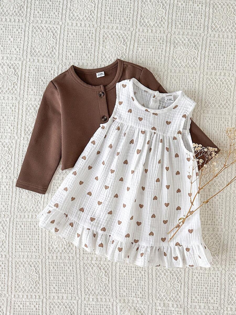 SHEIN 2pcs/Set Baby Girls' Casual Cute Heart Print Sleeveless Ruffle Hem Dress And Long Sleeve Cardigan Outfit Set, Suitable For Summer, Spring, Autumn, Winter, Outings, Parties, Daily Wear