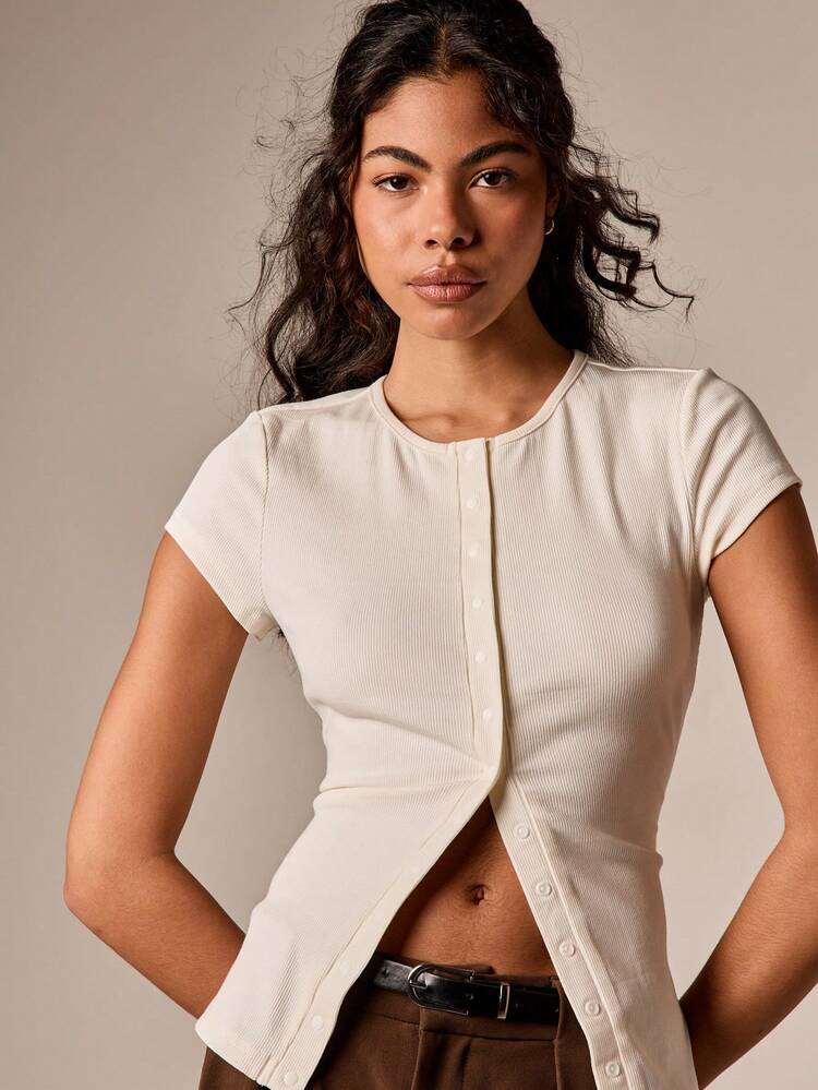Ribbed Button Front Short Sleeve Top