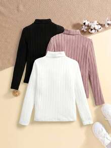 SHEIN 3件套少女休闲纯色针织高领长袖上衣 - 彩色 - 查看 2