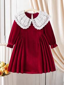 Elladie kids Girls' Elegant Holiday Dress, Peter Pan Collar, Lace Trim Double Layer Collar, Suitable For Christmas, Halloween, Party, Birthday Gift, Red