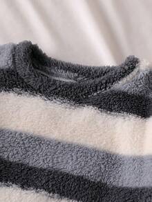 Teen Boys Gray White Striped Fleece Loungewear Set,Round Neck Long Sleeve 2-Piece Combo,Autumn Winter New Year Holiday Essential Social Media Style - Grey - View 8