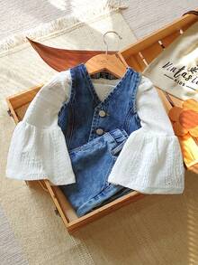 Vintaside Kids Baby Girl V-Neck Sleeveless Denim Outfit - Medium Wash - View 1