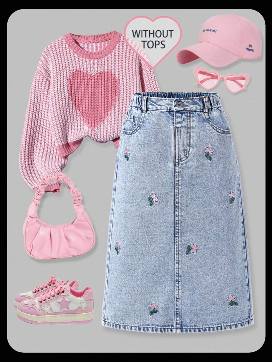 SHEIN 1 chiếc váy chữ A denim cho bé gái tuổi teen, phong cách đồng quê ngọt ngào và dễ thương, denim xanh nhạt thêu hoa trang trí, dáng rộng tôn dáng, cạp chun và cài nút phía trước, mặc thoải mái vào mùa hè - Rửa nhẹ - Xem 1