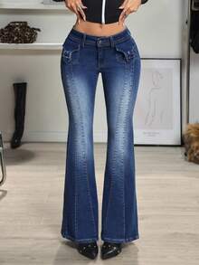 SHEIN EZwear 女士Y2K前口袋水洗扣环装饰喇叭牛仔裤 - 深色水洗藍 - 查看 8