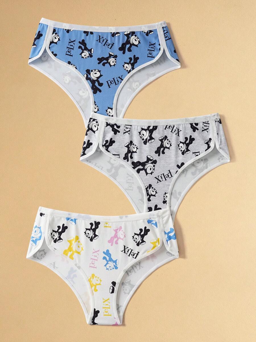 Felix The Cat X SHEIN 3pcs Women's Cute Cartoon Letter Full Print Contrast Binding Comfortable Briefs - Multicolor - View 1