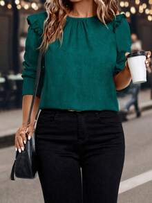 EMERY ROSE Plus Size Women's Regular Ruffle Hem Long Sleeve Shirt, Autumn/Winter - Teal Blue - View 4