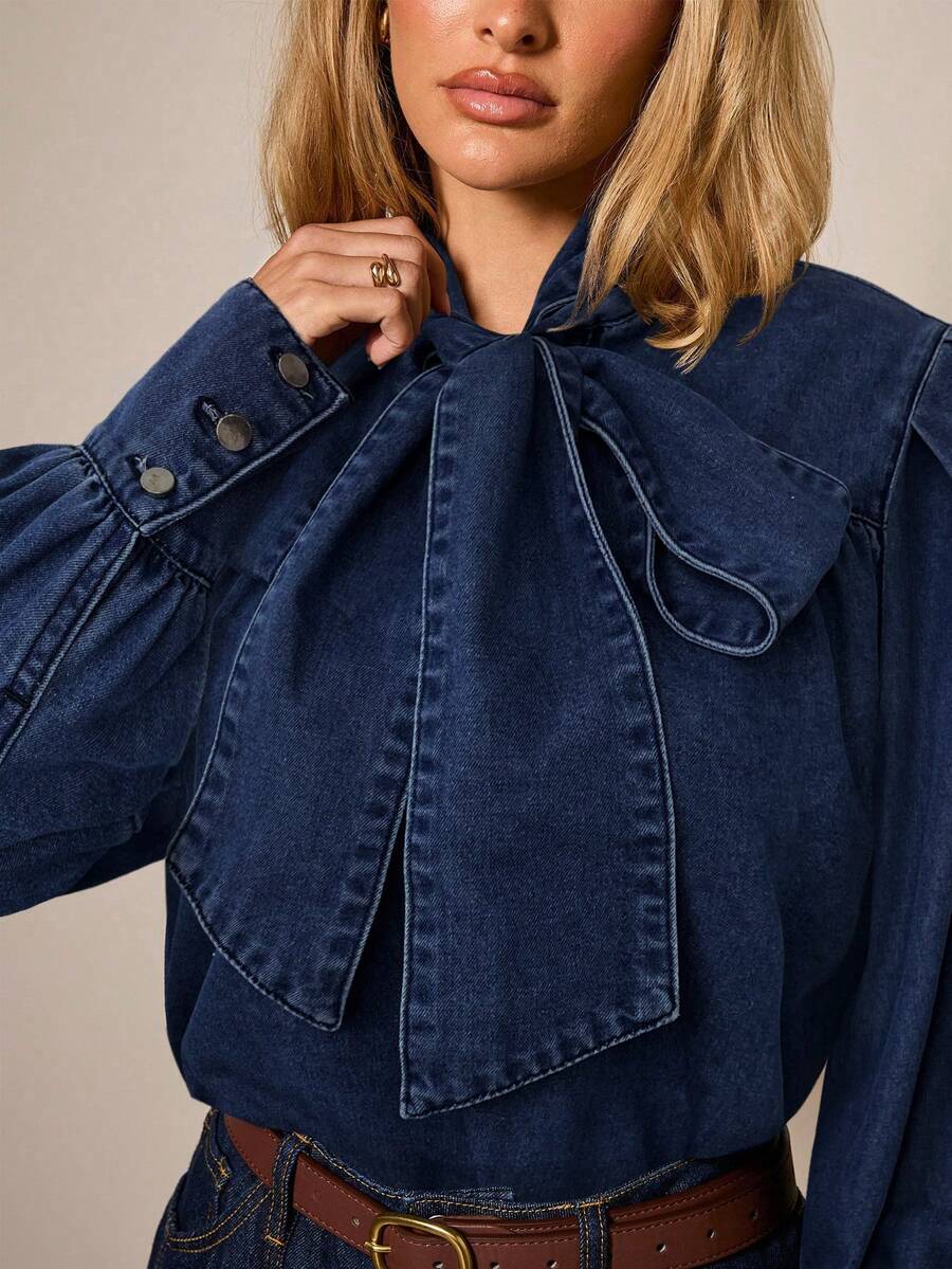 COSMINA 女士纯色系带领优雅时尚长袖牛仔衬衫 - 藏蓝色 - 查看 1