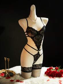 SpicyHot Women's Sexy Lace Bodysuit Lingerie Set - Black - View 4