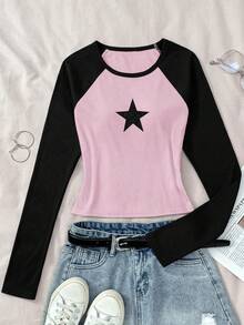 SHEIN Áo thun dệt kim gân dài tay cổ tròn in hình ngôi sao và ngôi sao năm cánh màu xanh navy và hồng cho bé gái tuổi mới lớn, phong cách retro, mùa xuân và mùa thu - Hồng - Xem 7