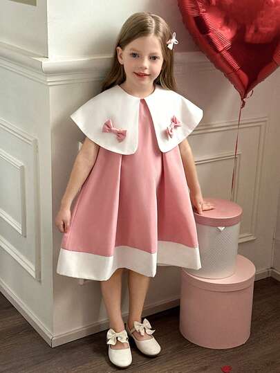 Elladie kids Young Girl Elegant Party Banquet White Collar Bow Design Loose A-Line Pink Dress