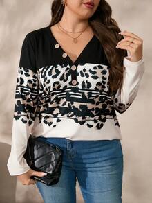EMERY ROSE Plus Size Women V-Neck Leopard Print Long Sleeve Button Down Fitted T-Shirt - Black - View 5