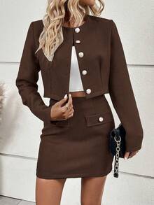 EMERY ROSE Women's Autumn Commuter Front Button Tweed Jacket And Skirt 2 Pieces Set - Brown - View 4