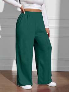 EURMUSE Plus Size Casual Solid Color Elastic Waist Straight Leg Pants, Autumn - Dark Green - View 6