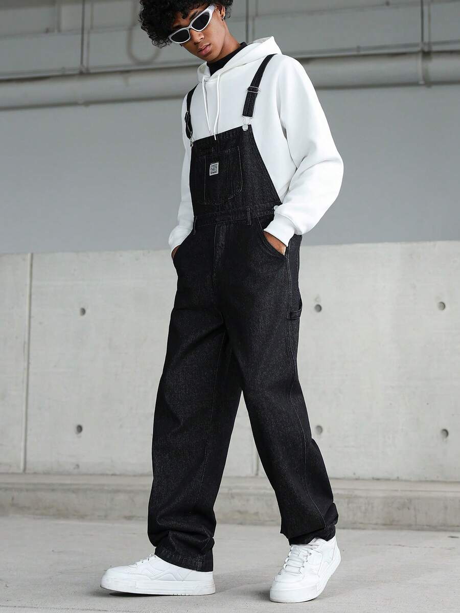 Manfinity Hypemode 男士休闲多口袋胸部护具牛仔背带裤，街头时尚 - 黑色 - 查看 1