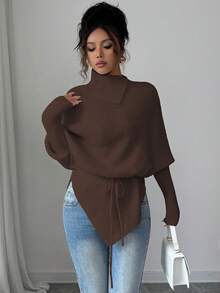 SHEIN LUNE 女式高领蝙蝠袖不对称下摆系腰毛衣 - 棕色 - 查看 6