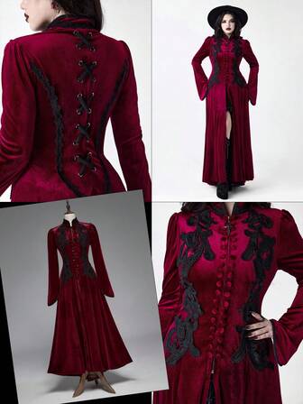 Goth Chaqueta larga de mujer de terciopelo con ribete de encaje de estilo palaciego retro gótico de color contrastante