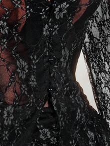 Amplova Frauen Große Größen Blumen Spitze Kragen Glockenärmel Einreiher Top und Rüschen Saum Mini Rock Sexy 2-Teiliges Set - Kaffeebraun - Übersicht 7