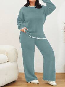 Color Block Edged Long Sleeve Sweater And Knitted Pants Two Pieces Set - Mint Green - View 4