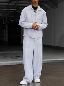 Manfinity EMRG 男士休闲条纹夹克和宽松长裤套装 - 灰色 - 查看 6