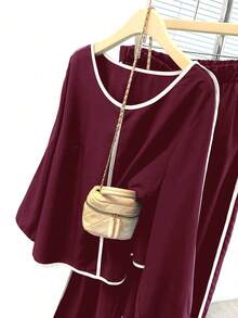 EMERY ROSE Plus Size Women's Contrast Color Trim Long Sleeve 2 Pieces Set,Burgundy Autumn Smart Casual Everyday Comfy Lounge Pajama Two Piece Set Co Ords - Burgundy - View 5