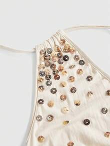 ROMWE Grunge Punk Y2K性感深V领露背刺绣纽扣女式吊带背心 - 杏色 - 查看 3