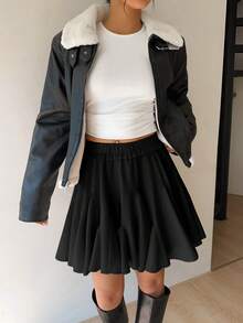 Siren Gaze Women's Solid Color Ruffle Hem Mini Skirt, High Waist Pleated Skirt, Sexy Ballet Tutu Skirt, Party Dress, Street Style, Linen Ladies Skirt Skirt Summer Black Skirt With Shorts Black Black Skirt Mini Cute Skirt Black Skort For Women Cute Flare Skirt - Black - View 4