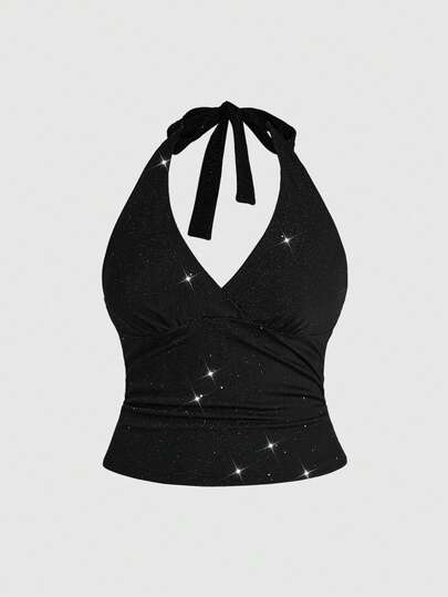 Goth Camiseta sin espalda con lazo, textura brillante negra, elegante y sexy para mujer de talla grande, con tirantes de pliegues