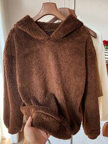 Comfortcana Solid 3D Ear Teddy Hoodie In Fall/Winter - Chocolate Brown - View 5