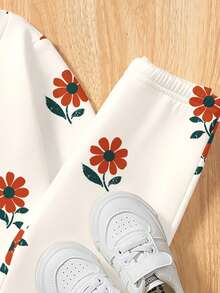 Conjunto de roupa infantil para menina, modelo suéter de malha macia com gola redonda e modelagem solta, ideal para outono/inverno, com estampa floral clássica e delicada. - Multicolorido - Ver 6