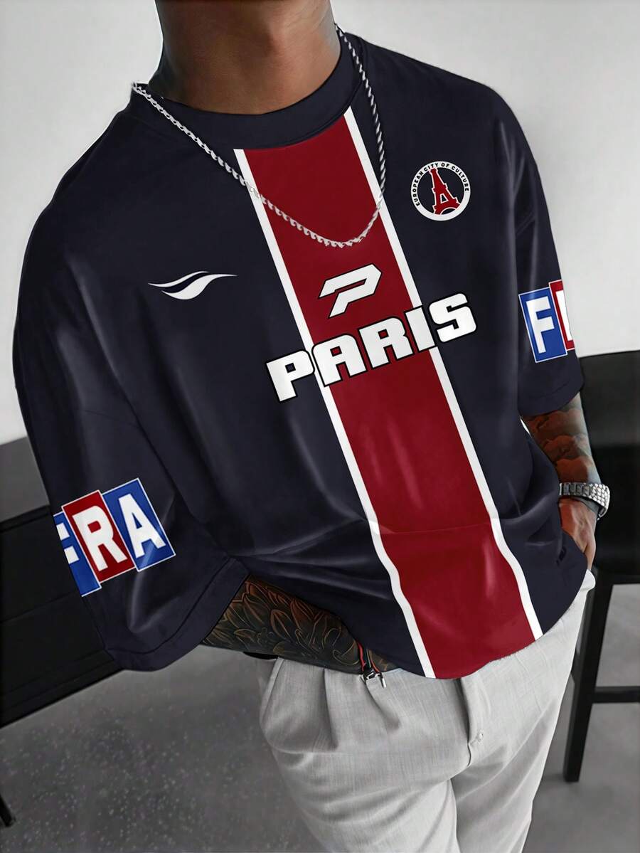 Aesthetic Post 男士休闲短袖圆领针织 T 恤，带字母印花，夏季，街头装，男友礼物 - 彩色 - 查看 1