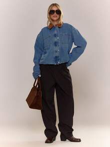 MUSERA Chaqueta Bomber de Mezclilla Oversized con Cuello de Cuero Sintético y Cremallera Completa, Estilo Cottage Core, Linda y Acogedora, para Otoño, Invierno, Primavera, Verano, Vacaciones, Country Calling, Y2K - Azul - Ver 3